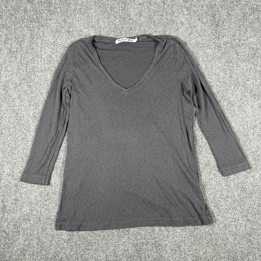 Michael Stars Gray V-neck Long Sleeve Tee Supima MicroModal Soft Classic OS